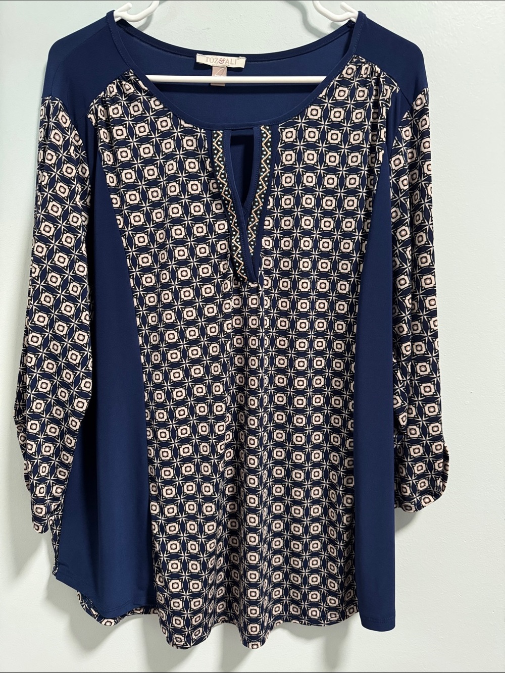 Roz & Ali Navy Geometric Print Tunic Top
